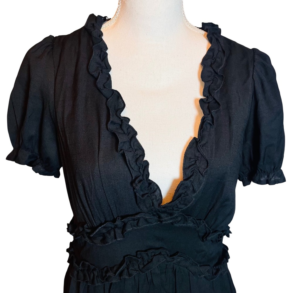 Trixxi Francesca's Black Ruffle Mini Dress V-Neck Puff‎ Sleeve L NEW Rodeo - Picture 9 of 15